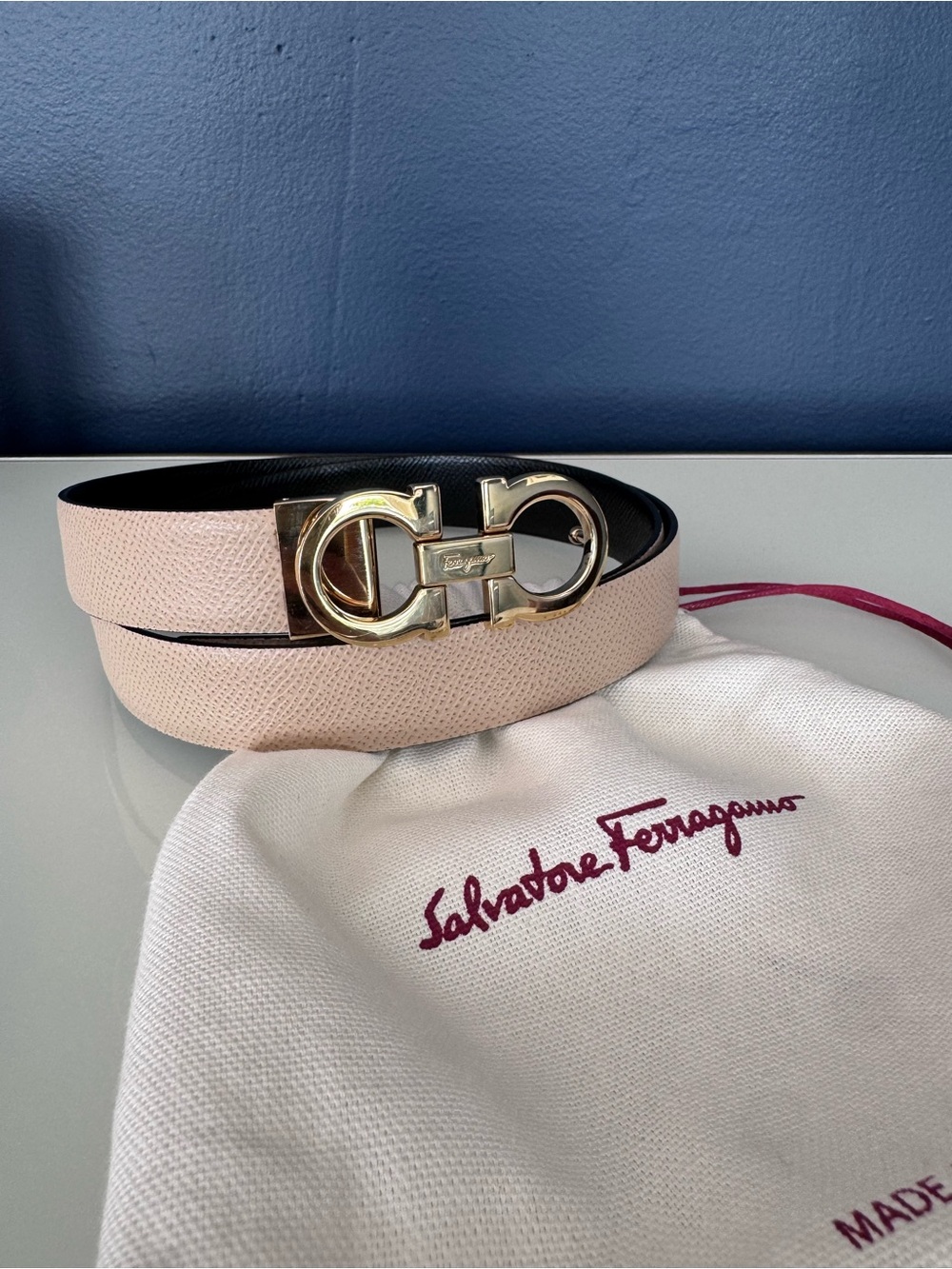 Salvatore Ferragamo Blush Pink Leather Belt with Gold Gancini Buckle